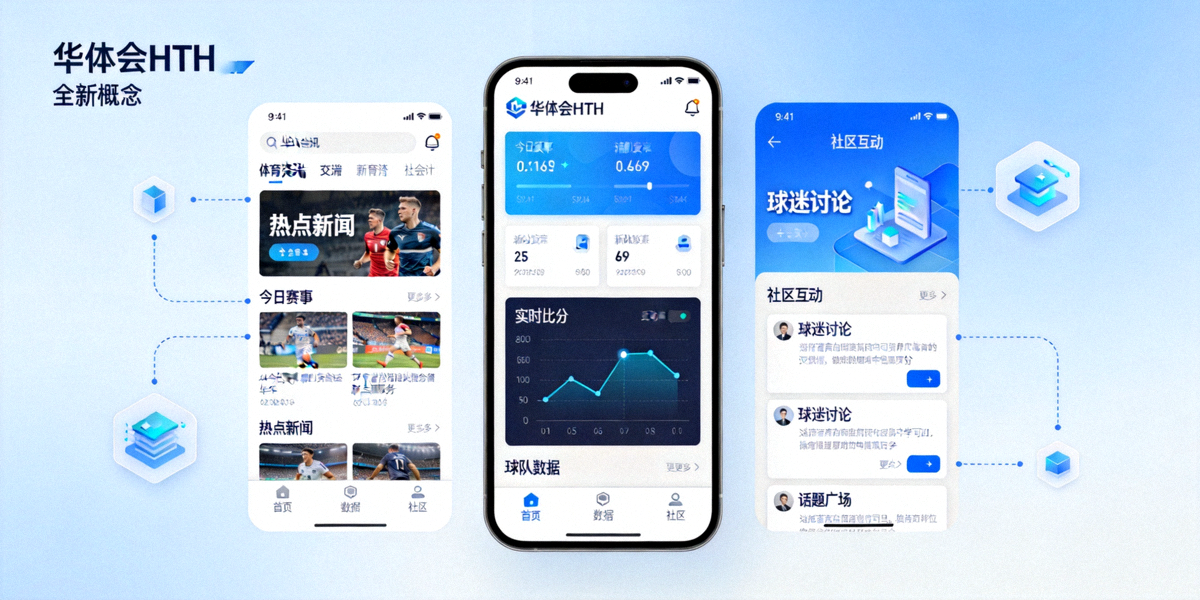 华体会HTH全新移动端应用发布概念图，展示手机界面上的体育资讯、数据图表与社区互动功能