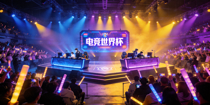 电竞世界杯比赛现场灯光璀璨的舞台与观众
