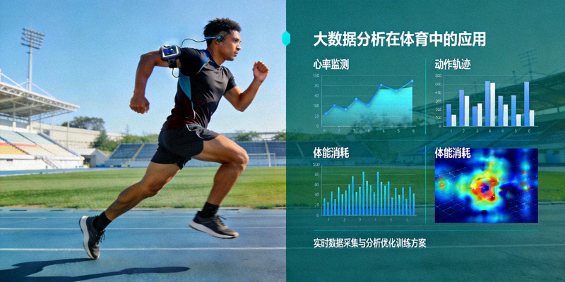 大数据分析在体育中的应用示意图，显示数据图表与运动员