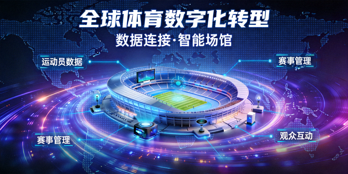 全球体育数字化转型概念图，展示数据连接与智能场馆