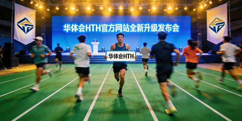 华体会HTH官方网站全新升级发布会现场，体育爱好者在绿色跑道上奔跑的画面