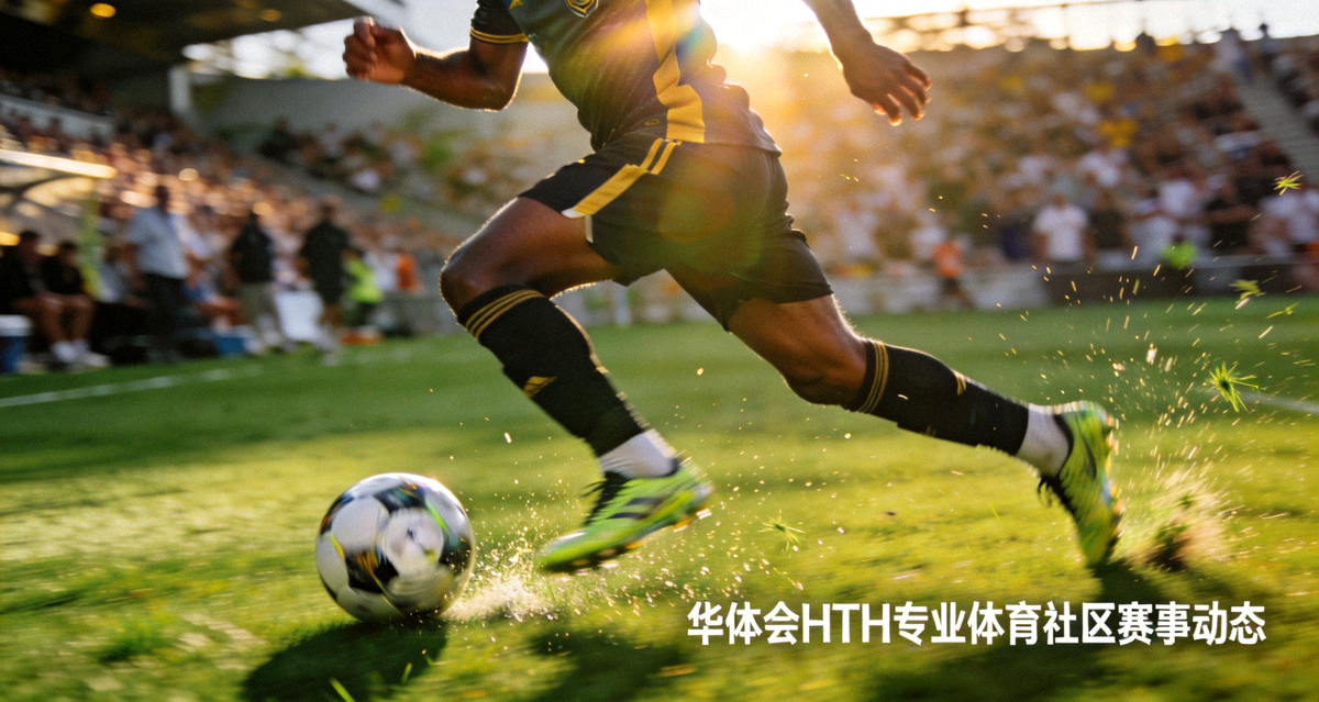 足球运动员在绿茵场上带球突破的比赛瞬间，展现华体会HTH专业体育社区赛事动态内容